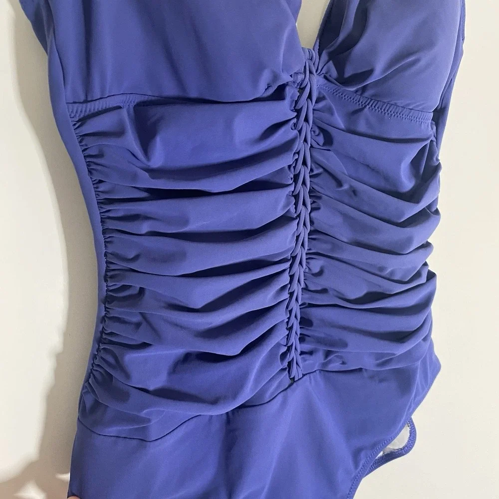 Profile By Gottex Ruched One Piece Swimsuit Womens 12 D Navy Blue Adjustable Fun